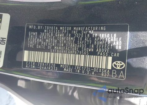 2017 Toyota Corolla Se z USA, uszkodzony, nr VIN 5YFBURHE6HP679565